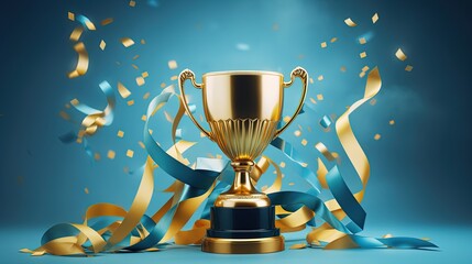 golden trophy and streamers in sport competition with blue background.
