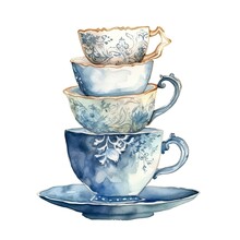 Elegant Porcelain Cups Stand On Top Of Each Other Watercolor Illustration On White Background