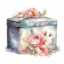 Tea Tin Box Watercolor Illustration On White Background