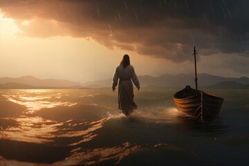 Wall Mural - Jesus Christ walking on water toward a fishing boat.