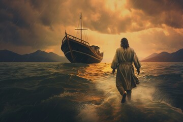 Poster - Jesus Christ walking on water toward a fishing boat.