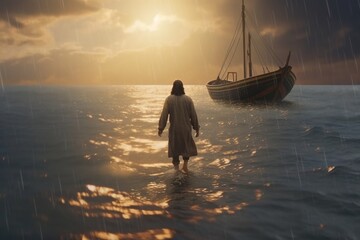 Wall Mural - Jesus Christ walking on water toward a fishing boat.