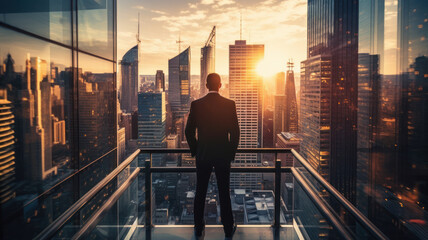 businessman on office building balcony looking city skyline with skyscrapers