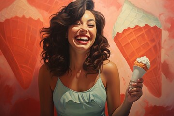 Wall Mural - Smiling Woman in a Summer Dress Eating an Ice Cream.