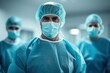 © Bargais - Surgeon team in surgical operating room, in medical coat, mask and cap.