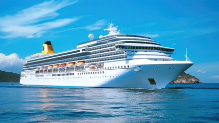 cruise liner ship in ocean with blue sky, tourism travel on holiday take a vacation time on summer c