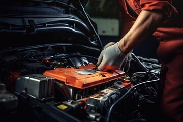 Wall Mural - Technician Hands of car mechanic repair Service electric battery and Maintenance of car battery.