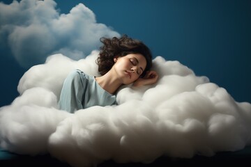 Wall Mural - Woman sleeping on a white cloud.