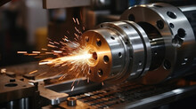 Extreme close up of a metal lathe in action, Modern radial CNC lathe.