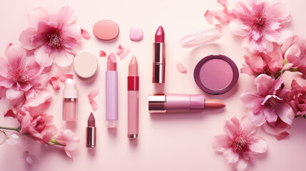 make up products, pink lipsticks, blush on pink surface, top view studio photo, flowers and petals