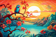 Tropical landscape at sunset with peaceful parrot sitting on a twig, kids illustration with bright and bold colors. Digital nursery art, beautiful artistic image for poster, wallpaper, art print.