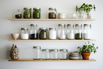 Sticker - Kitchen shelves showcasing white ceramic and glass jars. Open shelving ideas for an eco friendly, zero waste kitchen.