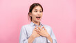 © Katcha - Young asian woman use both hands touching on the chest and open mouth while feeling shocked and scared