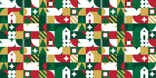 Festive Geometric Mosaic Seamless Pattern Illustration With Creative Abstract Shapes. Christmas Season Background Print. Scandinavian Minimalist Shape Texture, Geometry Collage.