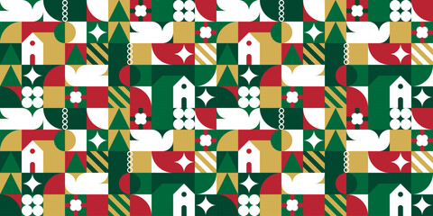 Wall Mural - Festive geometric mosaic seamless pattern illustration with creative abstract shapes. Christmas season background print. Scandinavian minimalist shape texture, geometry collage.