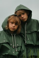 Two young people clad in vibrant green raincoats, their hoods up against the cold outdoors, stand side-by-side, embracing the freedom and comfort of their stylish jackets