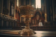 A Golden Catholic Chalice Placed On A Church Altar. Generative AI