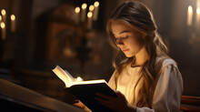 Young Girl Reading Glowing Book Of Knowledge. Concept Of Illuminated Learning, Magical Reading, Thirst For Knowledge, Youthful Curiosity, Enchanted Book, Educational Exploration, Glowing Pages.