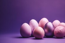 Minimal Easter Concept: Pastel Easter Eggs On A Purple Background. Copy Space Available. Generative AI