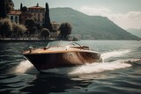Fototapeta  - Classic speedboat cruising on beautiful Lake Como in Italy. Generative AI