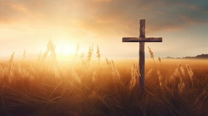 ascension day concept. the cross on meadow autumn sunrise background.