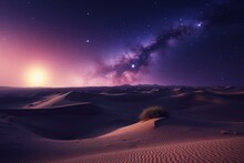 A Dreamlike Desert Landscape With Undulating Dunes Beneath A Majestic Purple Night Sky. Generative AI