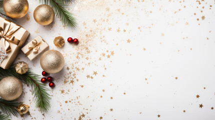 Christmas background. Festive decoration on white table. Top view with copy space.