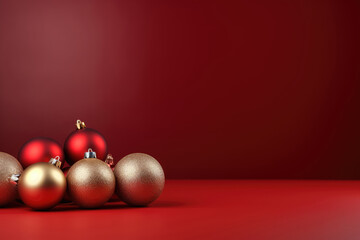 Red christmas balls on red background with copy space