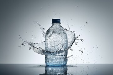 Sticker - A large water bottle splashing in water, rendered in 3D and placed on a white background. Generative AI