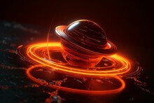 Abstract Symbol Of A Levitating Orange Planet With A Glowing Neon Ring In A 3D Render. Generative AI