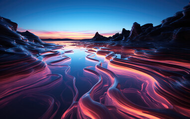 Wall Mural - Fantasy glowing landscape with blue sky and red water.