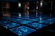 Blue LED-lit floor technology, abstractly submerging a data-infused metaverse. Generative AI