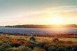 Panoramic view of a contemporary solar farm in the English countryside at sunrise. Generative AI