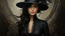 Mystery Woman Wih Blask Hat And Black Dress, AI Generated