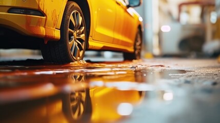 Wall Mural - Selective focus of engine oil stains of car leaking. Oil leak or drop from engine of car on concrete floor.