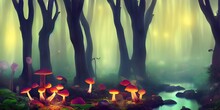 Mystical Forest With Glowing Mushrooms