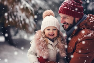 Dad playing with his daughter in the snow, family playing in the snow, winter holiday outdoor activities