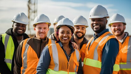 A team of workers in helmets and vests, engineers and inspectors of wind generators and turbines.