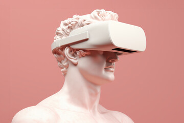 Bust of white statue with virtual reality headset isolated on pink background. VR, future, gadgets, technology concept