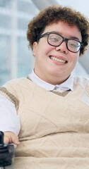 Poster - Face, smile and a woman with a disability in an airport for an international flight on an inclusive airline. Portrait, travel and a happy female passenger in a wheelchair on a bridge in a terminal