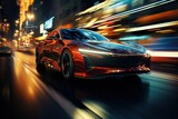 Fototapeta Do przedpokoju - Luxury Futuristic Car at Night. Motion Background. City Night Life. Modern Wallpaper with Orange and Blue Traffic Lights.