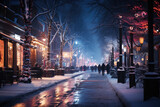 Fototapeta Londyn - Night city winter snowy street decorated with luminous garlands and lanterns for christmas, urban preparations for new year