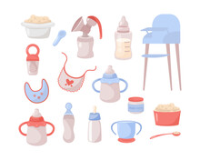 Mealtime Accessories For Babies Vector Illustrations Set. Porridge Bowls, Spoons, Baby Food Jar, Sippy Cups, High Chair And Feeding Bibs On White Background. Child Care, Food Concept