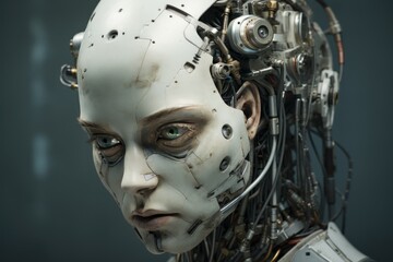 Poster - Expressive Artificial steel robot head with cyber face. Generate Ai