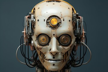 Poster - Advanced Artificial steel robot head with cyber face. Generate Ai