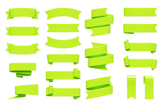 Green ribbon banner 3d render set.
