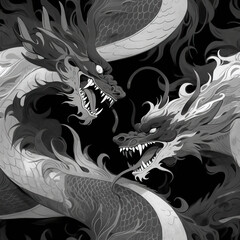 Dragons anime Japanese cartoon repeat pattern b&w