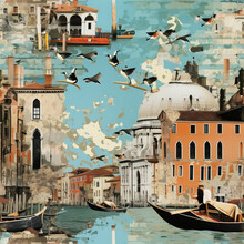 Venice Travel Collage Moodboard Art Repeat Pattern