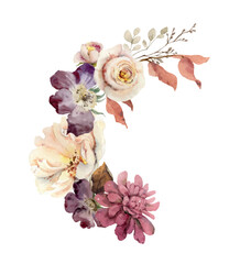 Wall Mural - watercolor vector wreath with bright autumn flowers and foliage.