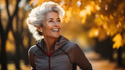 Forest Fitness: Active Elderly Woman Jogging Through Autumn Landscape